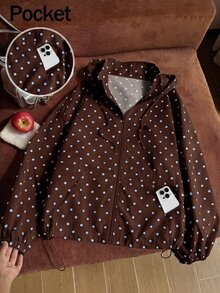 Solflare Polka Dot Print Hooded Casual Plus Size Jacket Autumn Fall - Mocha Brown - View 1