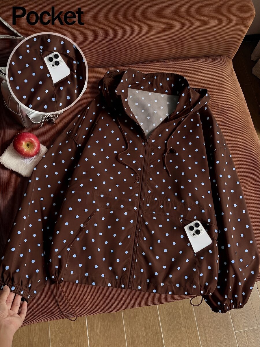 Solflare Polka Dot Print Hooded Casual Plus Size Jacket Autumn Fall - Mocha Brown - View 1