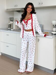 ZzzCrew 3pcs Heart Print Camisole, Long Pants And Lace Trim Robe Pajama Set - Multicolor - View 8