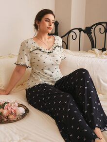Côtesoire Plus Size French Romantic Knit Bow Print Short Sleeve Long Pants Pajama Set - Multicolor - View 1