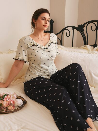 Côtesoire Plus Size French Romantic Knit Bow Print Short Sleeve Long Pants Pajama Set