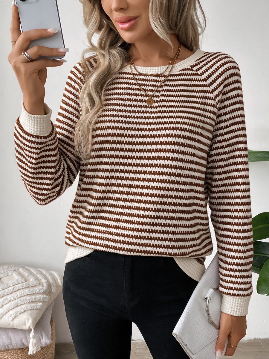SHEIN LUNE Casual Women's Autumn/Winter Green And White Striped Long Sleeve Sweatshirt Everyday Travel Work Tops - Multicolor - View 1
