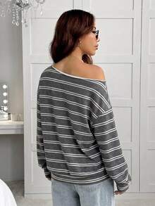 SHEIN EZwear 女款韓式不對稱肩條紋拼接配色長袖運動衫 - 彩色 - 查看 2