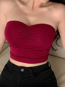 DAZY Top Bandeau Fruncido con Relleno Incorporado - Burdeos - Ver 1
