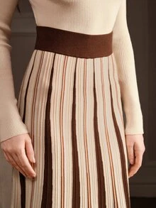 Anewsta Women's Autumn/Winter Brown Coffee Vertical Ribbed Ribbed Knit Skirt, Wide Elastic Waist Vintage Slouchy Sweater Skirt - Multicolor - View 1