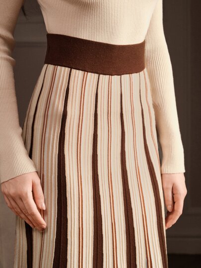 Anewsta Chân váy len dệt gân sọc dọc màu nâu cà phê cho nữ, cạp chun rộng, phong cách vintage dáng suông thoải mái cho mùa Thu/Đông