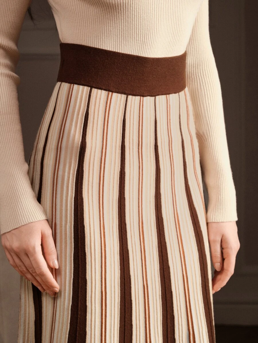 Anewsta Women's Autumn/Winter Brown Coffee Vertical Ribbed Ribbed Knit Skirt, Wide Elastic Waist Vintage Slouchy Sweater Skirt - Multicolor - View 1