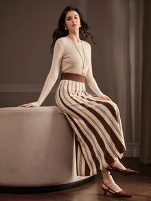 Anewsta Women's Autumn/Winter Brown Coffee Vertical Ribbed Ribbed Knit Skirt, Wide Elastic Waist Vintage Slouchy Sweater Skirt - Multicolor - View 4