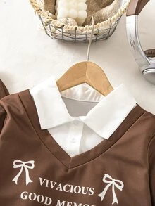 SHEIN Elladie kids 2pcs/Set Girls' Vintage Preppy Outfit, Matching Solid Color Straight-Leg Pants, Clean Fit, Suitable For School And Weekend Outings, Versatile Spring/Autumn Set - Brown - View 6