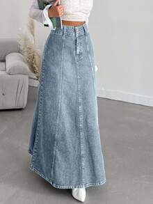 SHEIN Tall Tall High Waist Casual Style Light Blue Wash Regular Fit Double Button Long Denim Skirt - Light Wash - View 7