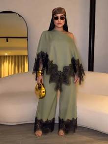 SOLERSUN Plus Size Women's Asymmetric Hem Contrast Lace Asymmetrical Shoulder Blouse And Wide Leg Pants Elegant 2 Pieces Set Fall Cocktail Brunch Olive Green - Army Green - View 1
