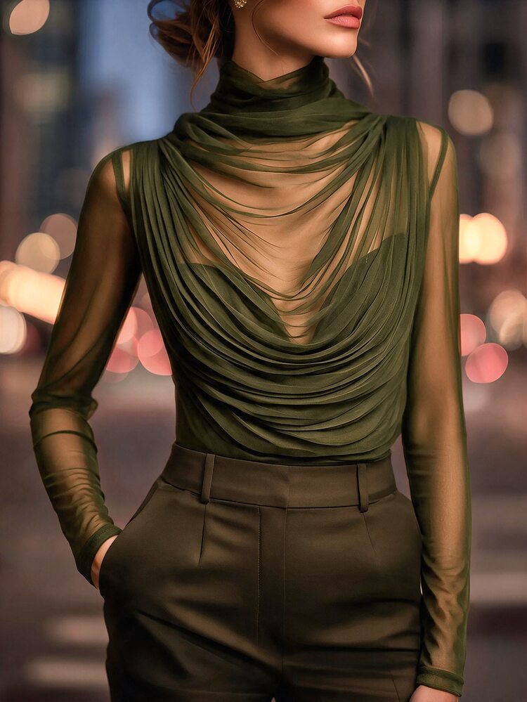 Editum Women's Sexy Sheer Long Sleeve High Neck Top, Elastic Mesh Ruched Design, Suitable For Evening Night Out, Date, Work And Daily Wear, Black Autumn// - Army Green - View 1