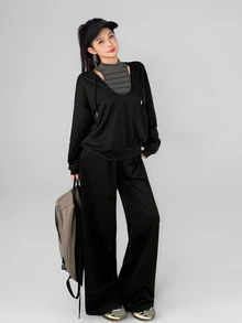 DAZY Women's Striped Halter Tank Top And Long Sleeve Hooded Sweatshirt With Loose Pants Sports Set - Black - View 6