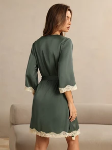 HautHeat Women's Lace Patchwork Camisole Dress And Robe Sexy Loungewear Sleepwear Set - Army Green - View 2