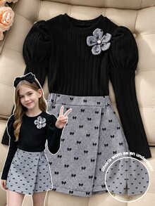 SHEIN 少女蓬蓬長袖花朵上衣與蝴蝶結印花短褲兩件套 - 彩色 - 查看 5