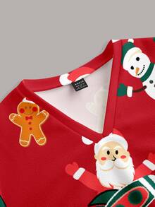 PopScrub Fun Christmas Red Santa Claus Snowman Gingerbread Man Socks Car Women's Scrub Uniform Top - Multicolor - View 3