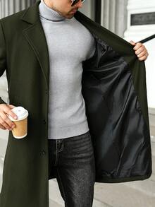 Manfinity Homme 大尺碼男士純色翻領單排扣大衣，男士長袖黑色外套，適合秋冬穿著 - 軍綠色 - 查看 6