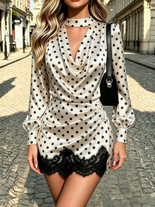 SHEIN Elegant Romantic Vacation Halter Neck Polka Dot Ruffle Trim Contrast Lace Commute Date Travel Business Office Wear Women's 2 Pieces Set - Apricot - View 2