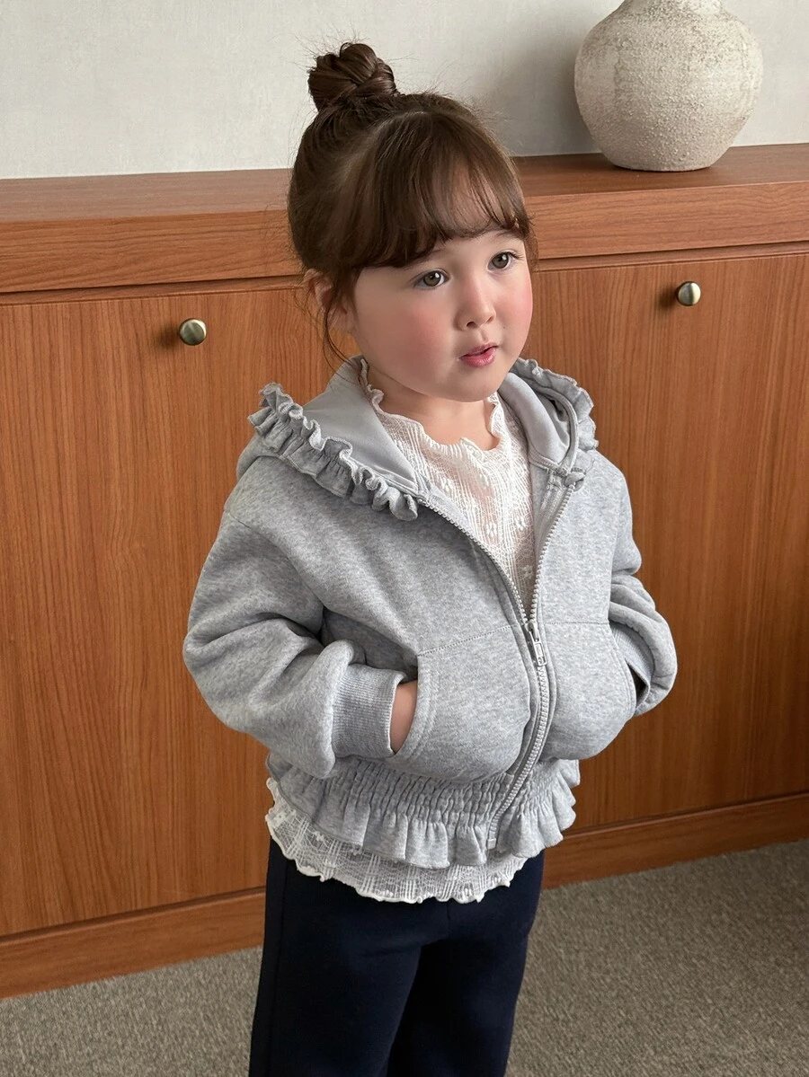 DAZY Sweatshirt Kasual Berkerudung Gaya Korea Warna Polos untuk Bayi/Balita (Perempuan) - Grey - View 1