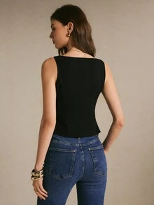 Poéselle Women's Black Military Inspired Corset Vest Top Square-Neck Sleeveless Tailored Tank With Gold Tone Buttons&Sculpted Slim Fit Napoleon Fall/Winter - Black - View 7