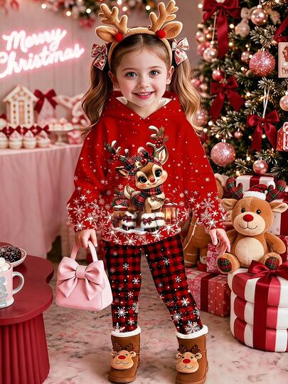 Baby Girl Casual Minimalist Cartoon Pattern Hooded Sweatshirt & Elastic Waist Long Pants Set, Suitable For Autumn/Winter, Christmas Eve And Christmas