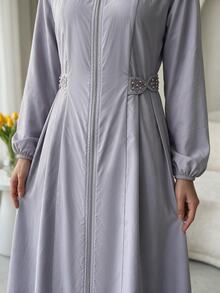 Al Najma Women's Round Neck Long Sleeve Zipper Placket Waist Faux Pearl Decor Arabian Dress - Purple - View 7