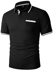Calvornis 男士對比飾邊鈕扣 Polo 衫，休閒夏季短袖上衣，高爾夫球衫，正式場合、儀式適用 - 黑色 - 查看 6