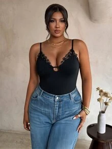 Firerie Plus Size Women's Lace Patchwork Sexy Versatile Camisole Camisole - Black - View 3