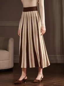 Anewsta Women's Autumn/Winter Brown Coffee Vertical Ribbed Ribbed Knit Skirt, Wide Elastic Waist Vintage Slouchy Sweater Skirt - Multicolor - View 3