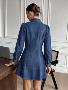 Serisse Women's Single-Breasted Casual Daily Summer Denim Dress - Blue - View 3