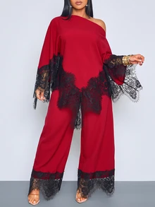 SOLERSUN Plus Size French Style Asymmetric Hem Asymmetrical Shoulder Top And Lace Patchwork Loose Long Pants 2 Pieces Set Fall - Red - View 2