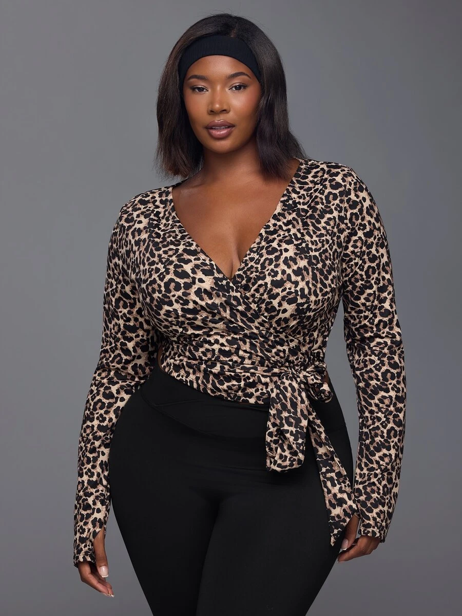 Voyena Women's Plus Size Leopard Print Side Knot Long Sleeve Sports T-Shirt - Coffee Brown - View 1