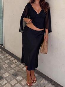 SHEIN Tall CURVE Plus Size Women's Solid Color Deep V-Neck 3/4 Sleeve Pleated Fitted Sexy Blouse - Black - View 8
