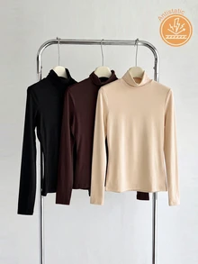 SHEIN BASICS Women's Solid Color Long-Sleeve Mock Neck Casual T-Shirts (3-Pack) - Multicolor - View 3