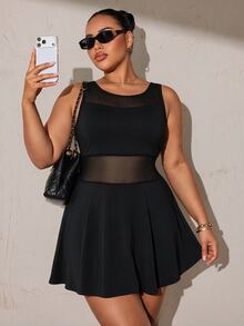 SHEIN Velisys Plus Size Athletic One-Piece Dress With Mesh Patchwork, Removable Padded Cups, Sexy Mesh Racerback, Wavy Hemline, Built-In Leggings, Yoga Tennis Style - Black - View 1
