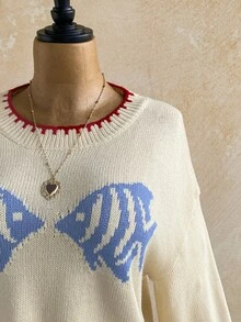 Soleia Women's Fish Pattern Round Neck Drop Shoulder Long Sleeve Casual Sweater - Apricot - View 3