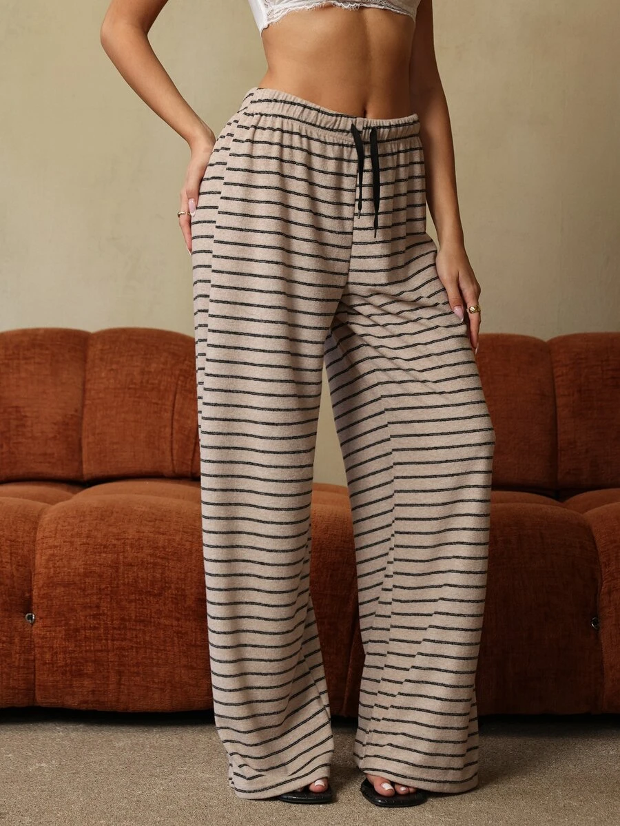 HautHeat Women's Drawstring Waist Striped Casual Pajama Pants - Khaki - View 1
