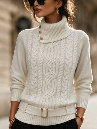 SHEIN Suéter de punto de cable retorcido color blanco roto para mujer, cuello alto asimétrico con botones, cinturón ajustable en la cintura, top de punto grueso y acogedor para atuendos diarios de otoño e invierno