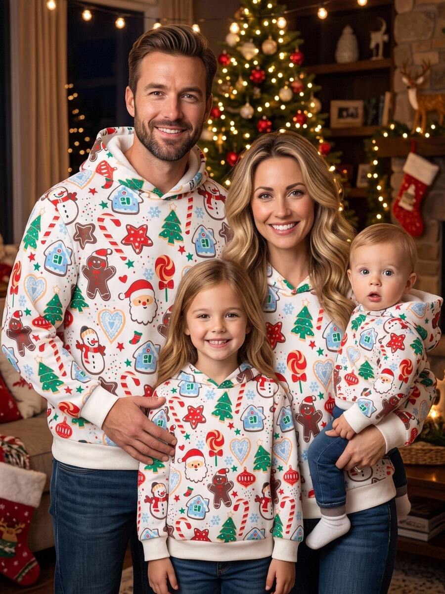 SHEIN [Excl, Baby & Kids]Christmas Cartoon Print Long Sleeve Hoodie Sweatshirt For Men - Multicolor - View 1