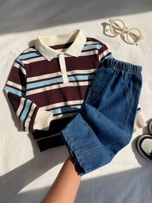 SHEIN 嬰兒男/女童、幼兒 2件組秋冬抓絨加厚休閒可愛條紋 POLO 套裝、衛衣套裝、丹寧牛仔褲、嬰兒冬季套裝、聖誕節 - 咖啡棕 - 查看 4