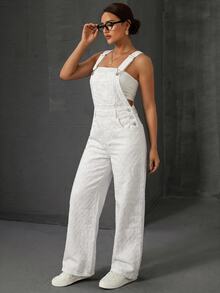 SHEIN EZwear 女款休閒牛仔連身褲，附口袋，適合日常穿著 - 白色 - 查看 4