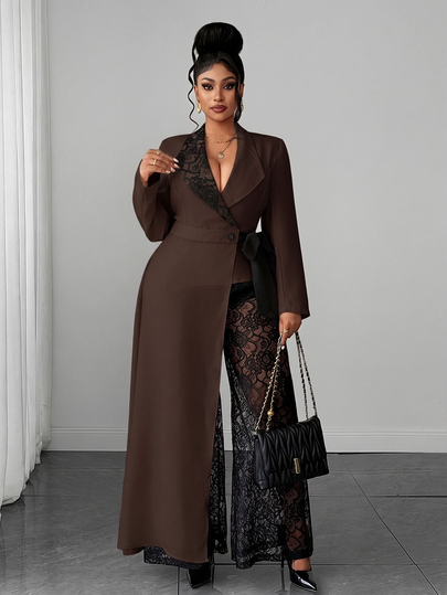 Maweii Plus Size Women's New Beige & Black Contrast Lace Patchwork Lapel Long Cardigan & Lace Wide Leg Pants Set, Waist-Cinching Hip-Covering Fit, Single-Sided Black Floral Lace Lapel, Single-Button Waist-Cinching Black Tie Bow, Front High-Slit Asymmetrical Long Blazer, Full-Length Sheer Lace High-Waist Floor-Length Wide Leg Pants, Commute Lace Two Pieces Set, Workplace & Date Night Vibe