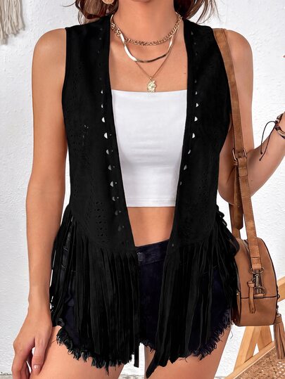 Freevana Boho Vacation Western Suede Fringe Vest Jacket