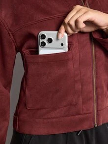 Easithlete Easithlete Women's Fashion Jacket, Faux Suede, Daily Commute Versatile Style, Large Pockets & Lapel Design - Burgundy - View 7