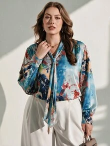 Chikora 大尺碼優雅前綁帶長袖襯衫，綠色上衣，適合辦公室、休閒、職場穿著 - 彩色 - 查看 4
