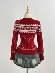 Elamini Women's Casual Versatile Christmas Jacquard Knit Cardigan Sweater For Daily Wear, Autumn/Winter - Red - View 2