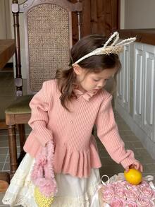 DAZY Infant/Toddler (Girl) Round Neck Long Sleeve Korean Style Ruffle Trim Long Sleeve Autumn/Winter Sweater - Pink - View 2