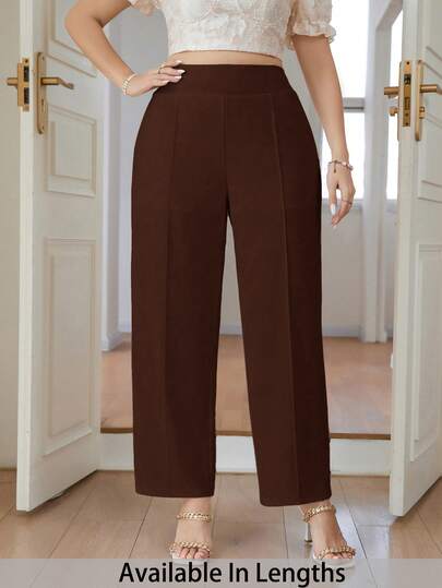 SHEIN PETITE CURVE Plus Size Women's Solid Color Casual Straight Leg Pants For Daily Wear
