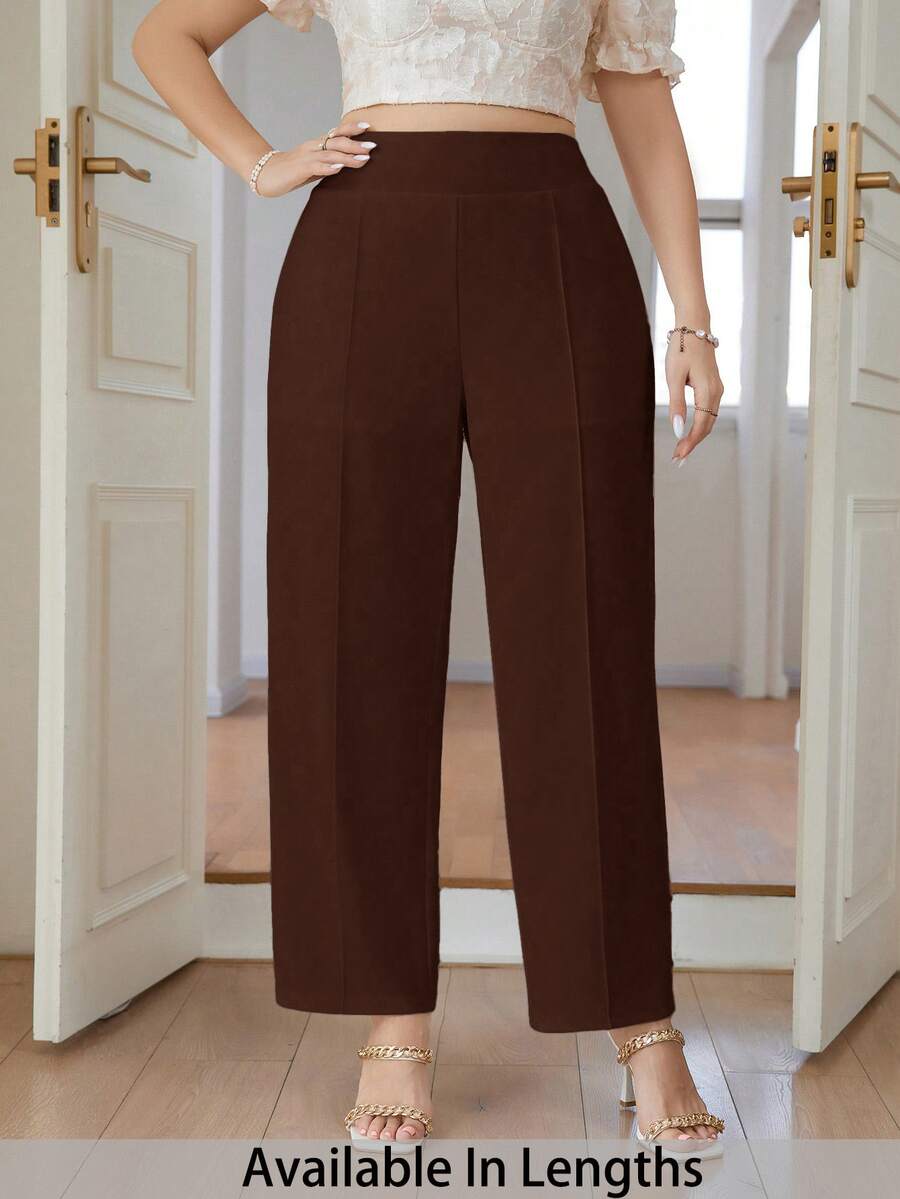 SHEIN PETITE CURVE 大尺碼女款純色休閒直筒長褲,適合日常穿著 - 咖啡棕 - 查看 1