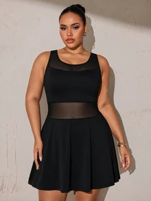 SHEIN Velisys Plus Size Athletic One-Piece Dress With Mesh Patchwork, Removable Padded Cups, Sexy Mesh Racerback, Wavy Hemline, Built-In Leggings, Yoga Tennis Style - Black - View 5